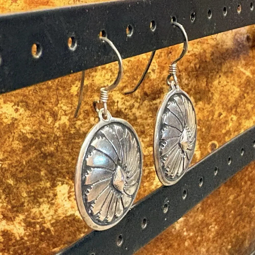 Sterling Silver Concho/Sunburst Dangle Earrings Vintage
